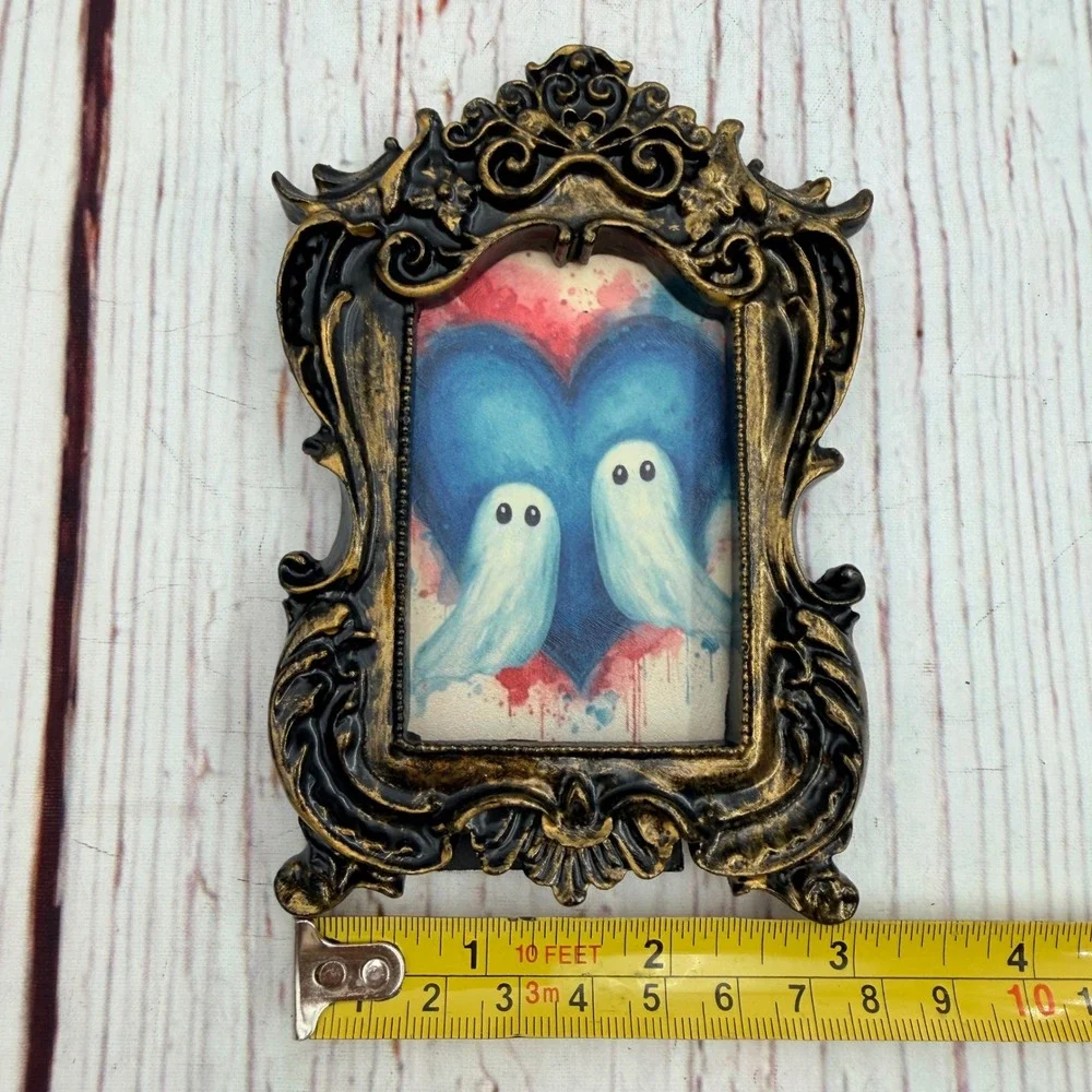 Ghost Couple Art Print in Ornate Gold Black Resin Frame Handmade Decoupage 5in